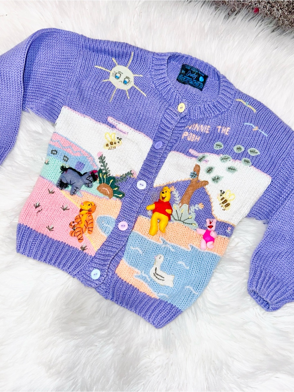 Vintage Embroidered Chunky Knit Winnie the Pooh Lavender Cardigan